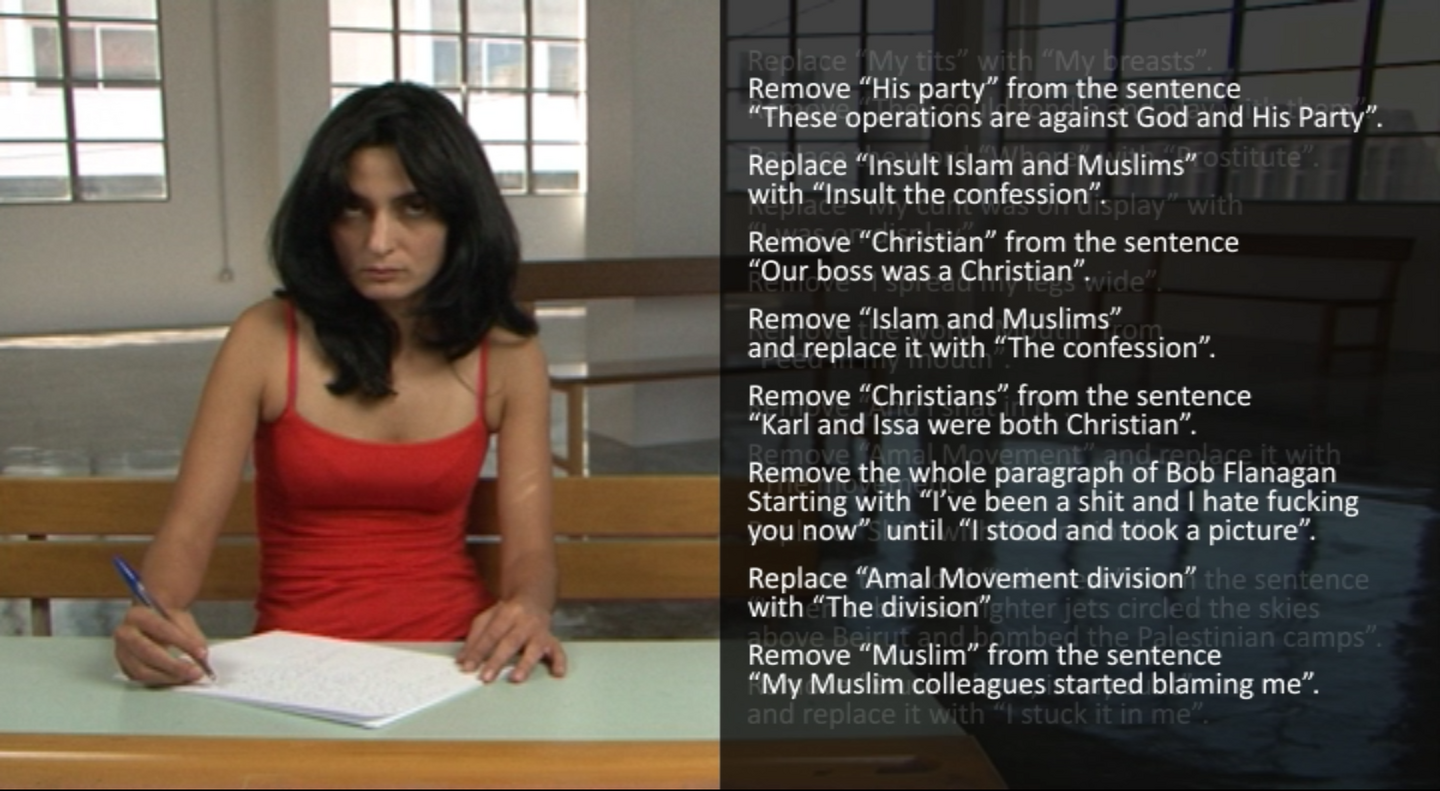 Don't Spread Your Legs, 2011, video, photography, and walltext, dimensions variable, video: 7' 45''