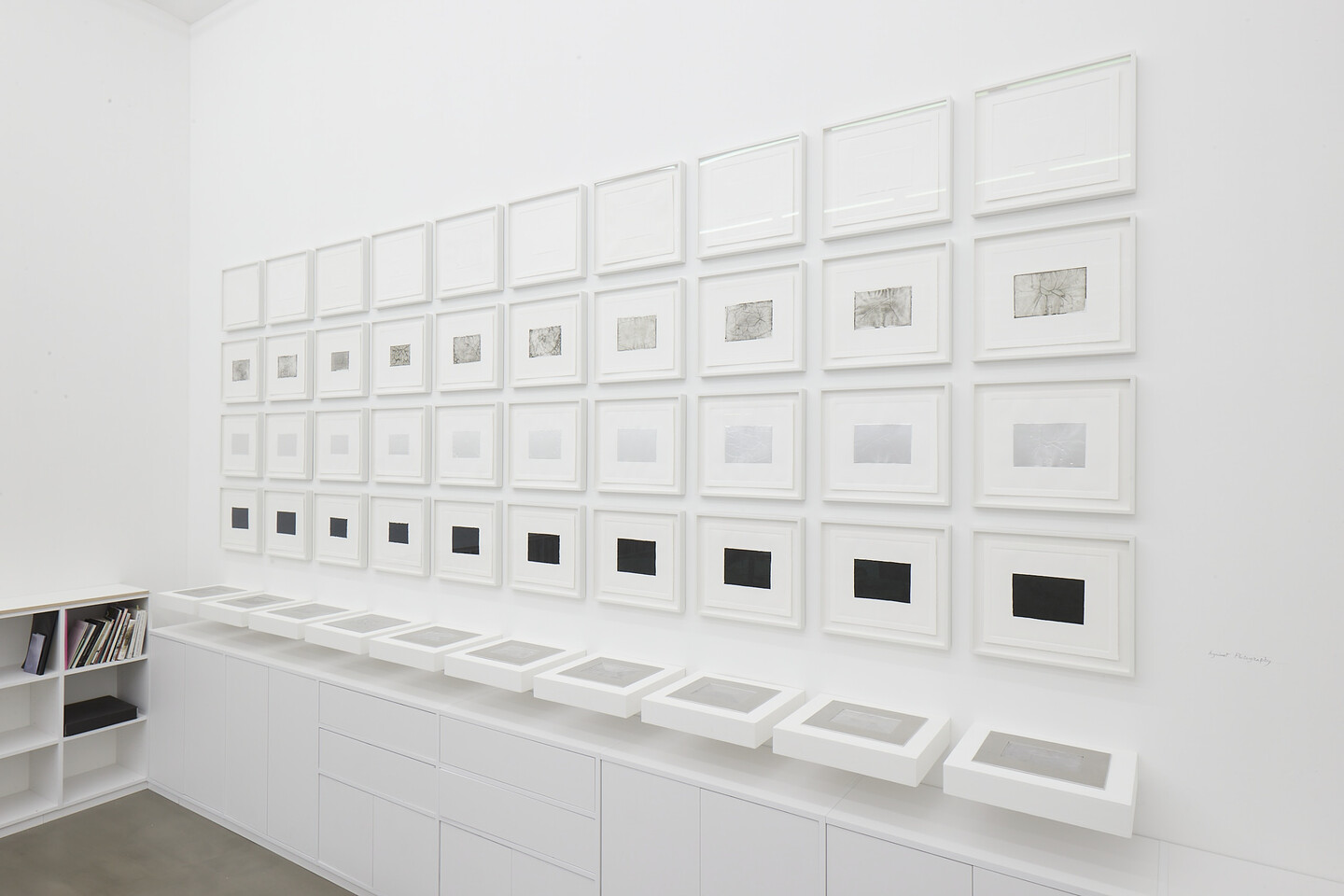 Akram Zaatari, Against Photography, 2017, 12 routed aluminum plates, 24 x 28 cm each, 4 sets of intaglio and chine-collé prints, 27 x 31 cm each