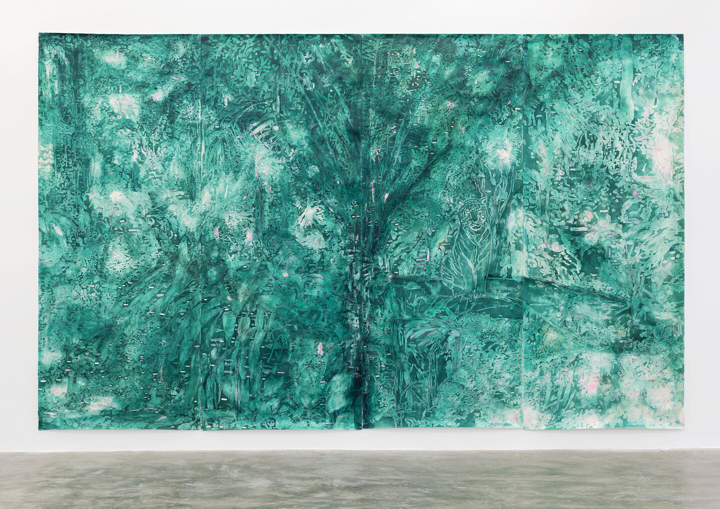 Ania Soliman, Terraform 1 (everyone-zoospore, recovery-whew), 2022, Colored pencil, encaustic, acrylic ink on paper, 4 panels, 280 x 115 cm