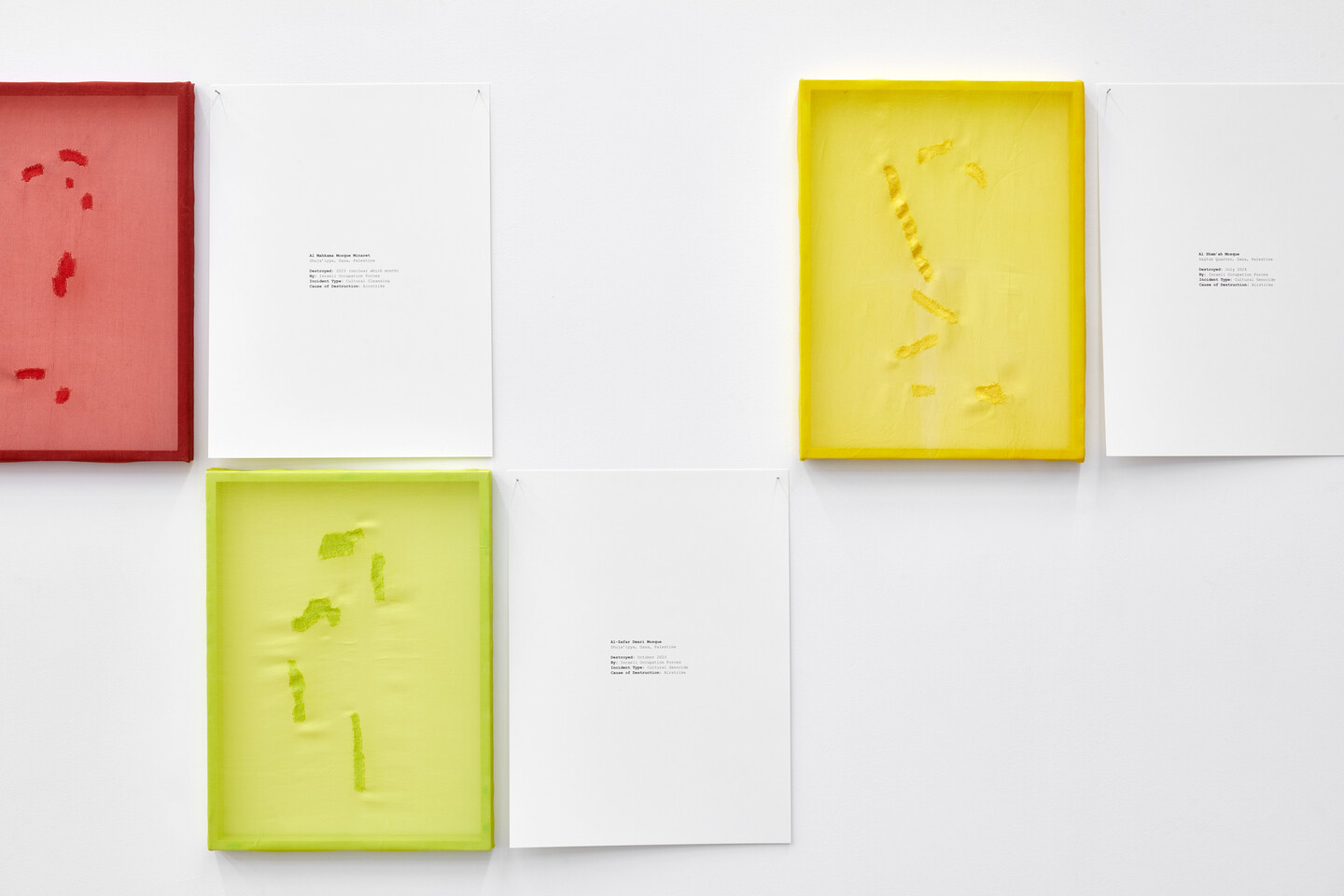 Let me mend your broken bones, 2024, 27 x 36 cm each, Darning on medicinally dyed silk, Courtesy the artist and Sfeir-Semler Gallery