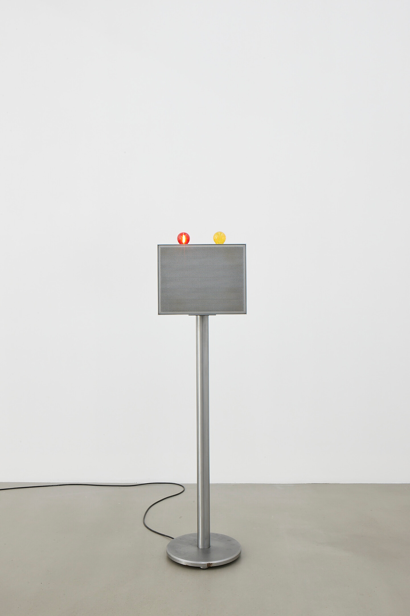 Lawrence Abu Hamdan, The Witness-Machine Complex, 2021, Steel stands, 3 video projections, 3 audio channels, 2 light bulbs, 136,5 x 35 x 35 cm