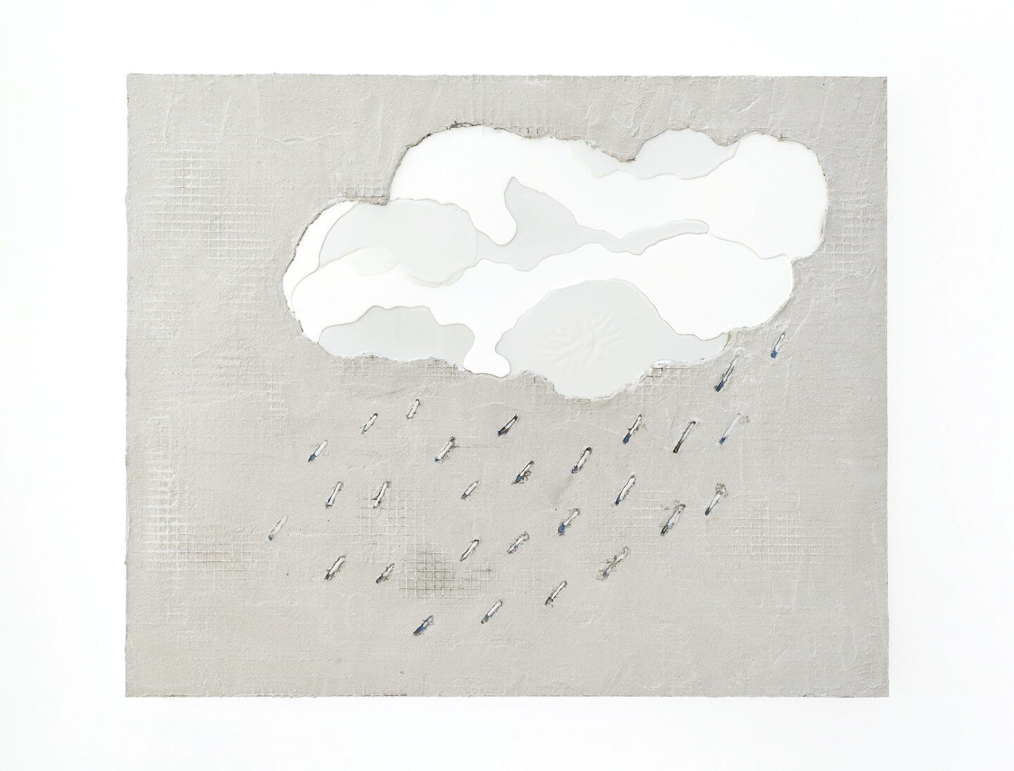 Raining Cloud, 2024, Grout, beeswax, oil paint on aluminum, 89 × 109 cm
