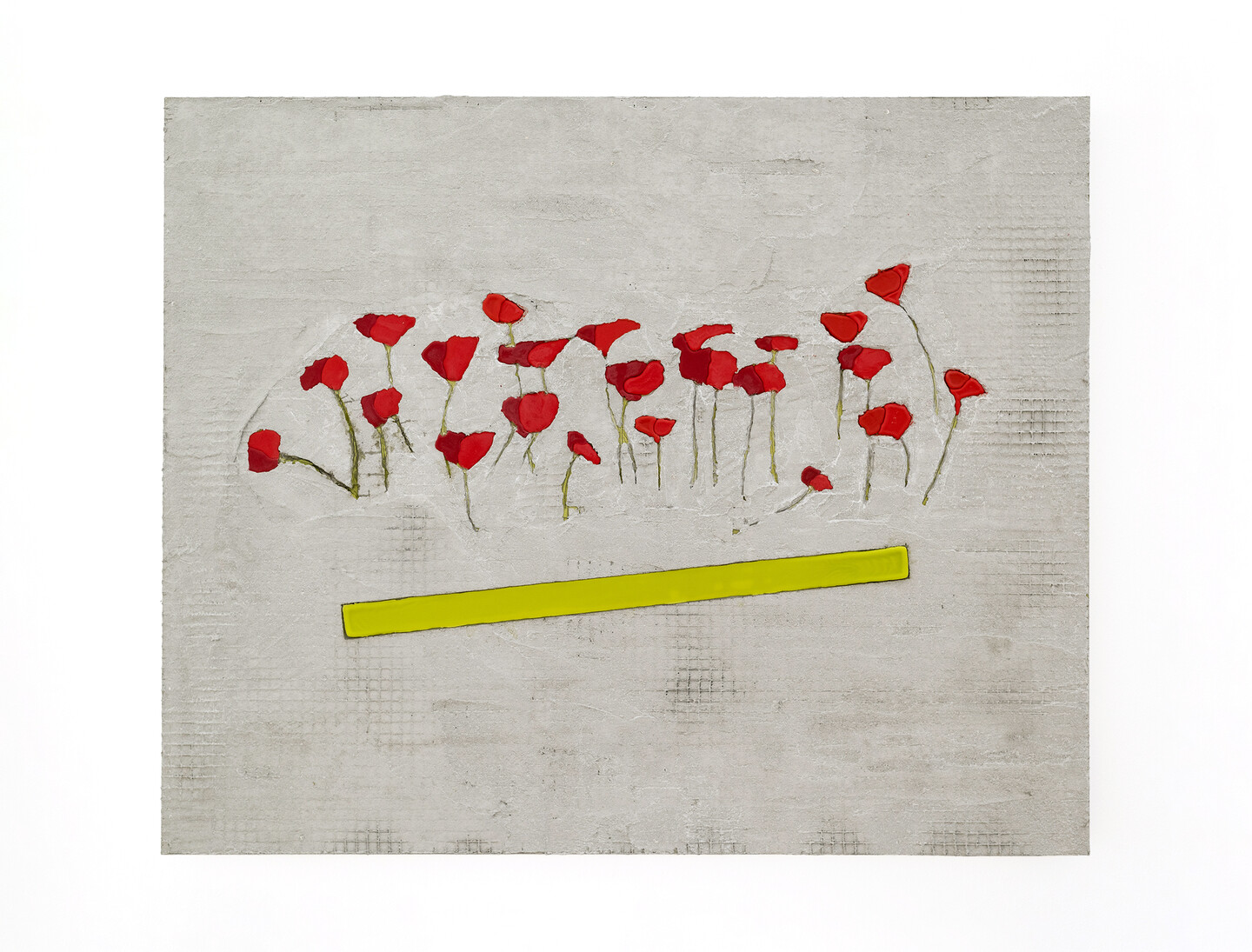 Poppy Flowers, 2024, Grout, beeswax, oil paint on aluminum, 89 × 109 cm