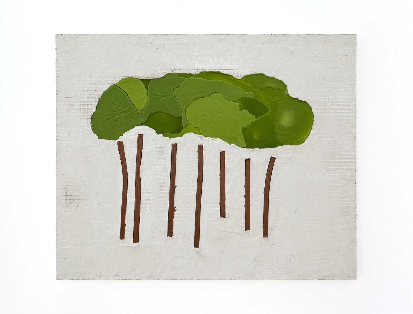 Pines, 2024, Grout, beeswax, oil paint on aluminum, 89 × 109 cm