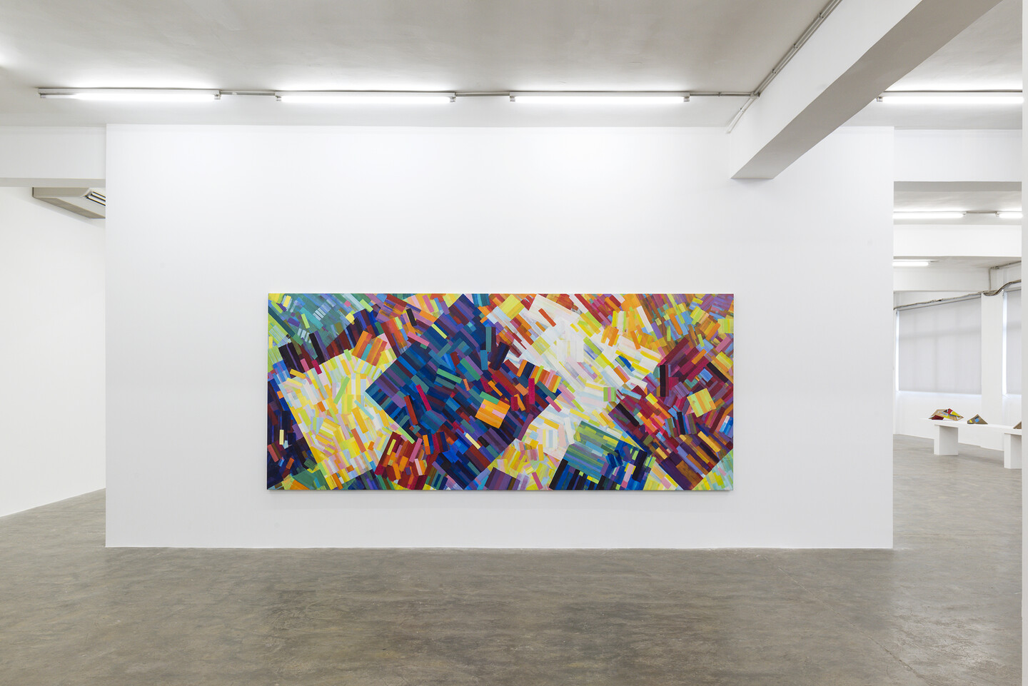 Samia Halaby, Simultaneous Depth, 2019, acrylic on cotton canvas, 188 x 445 cm, Sfeir-Semler Gallery Beirut