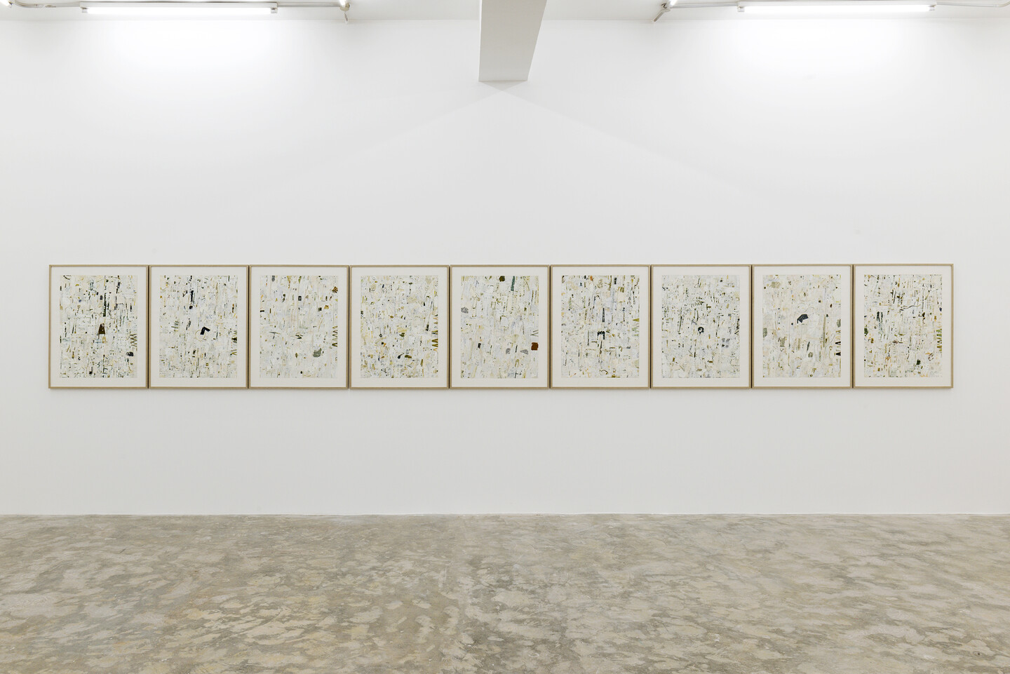 Farid Haddad, Où veux-tu que je m’en aille? (pour l’âge du Liban) (01-09), Mixed media collage on paper, 99 x 79 cm each, Exhibition view, 2023