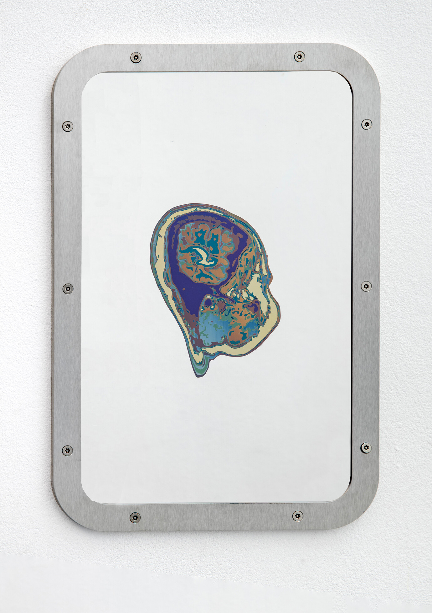 Sung Tieu, Exposure To Havana Syndrome, Brain Anatomy, Sagittal Plane, (Sample 4), 2021, Laser engraving on stainless steel prison mirror, 45 x 30 cm