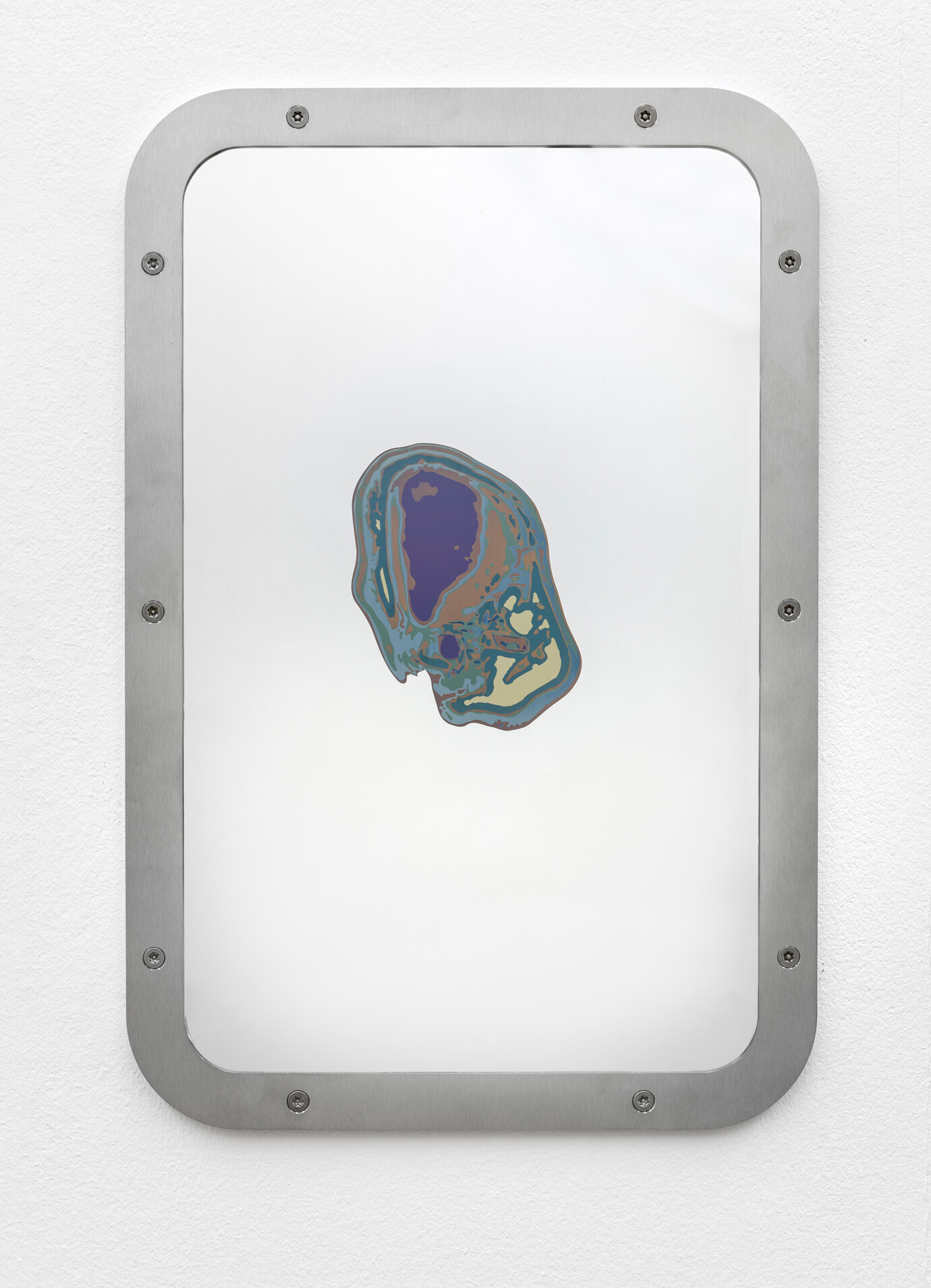 Sung Tieu, Exposure To Havana Syndrome, Brain Anatomy, Sagittal Plane, (Sample 4), 2021, Laser engraving on stainless steel prison mirror, 45 x 30 cm