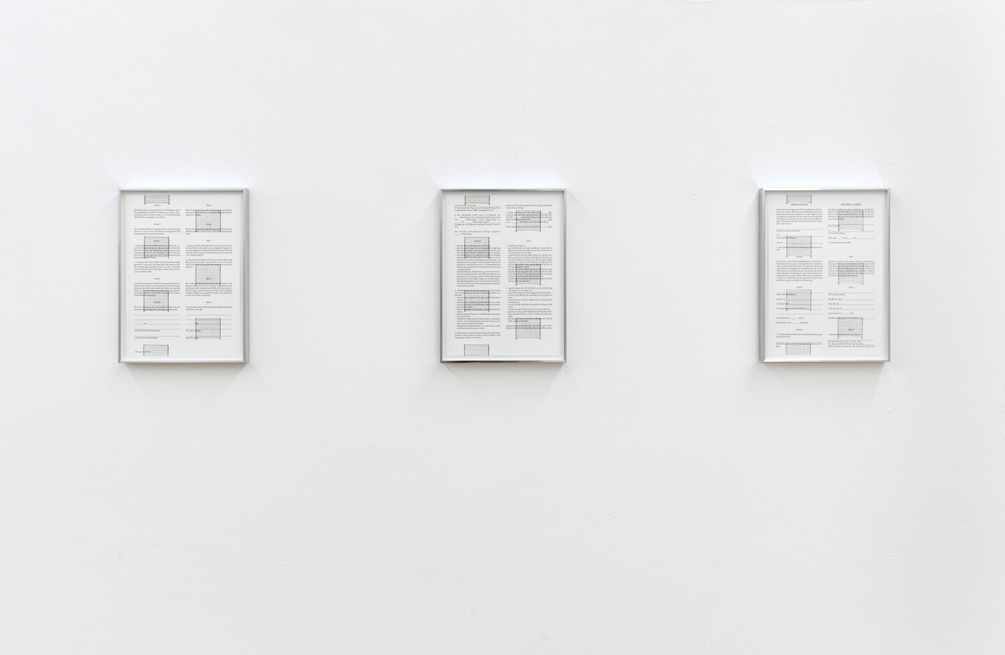 Sung Tieu, Work contract, 2021 Set of 3 documents, stamps on digital prints, 33 x 22 cm each (framed)