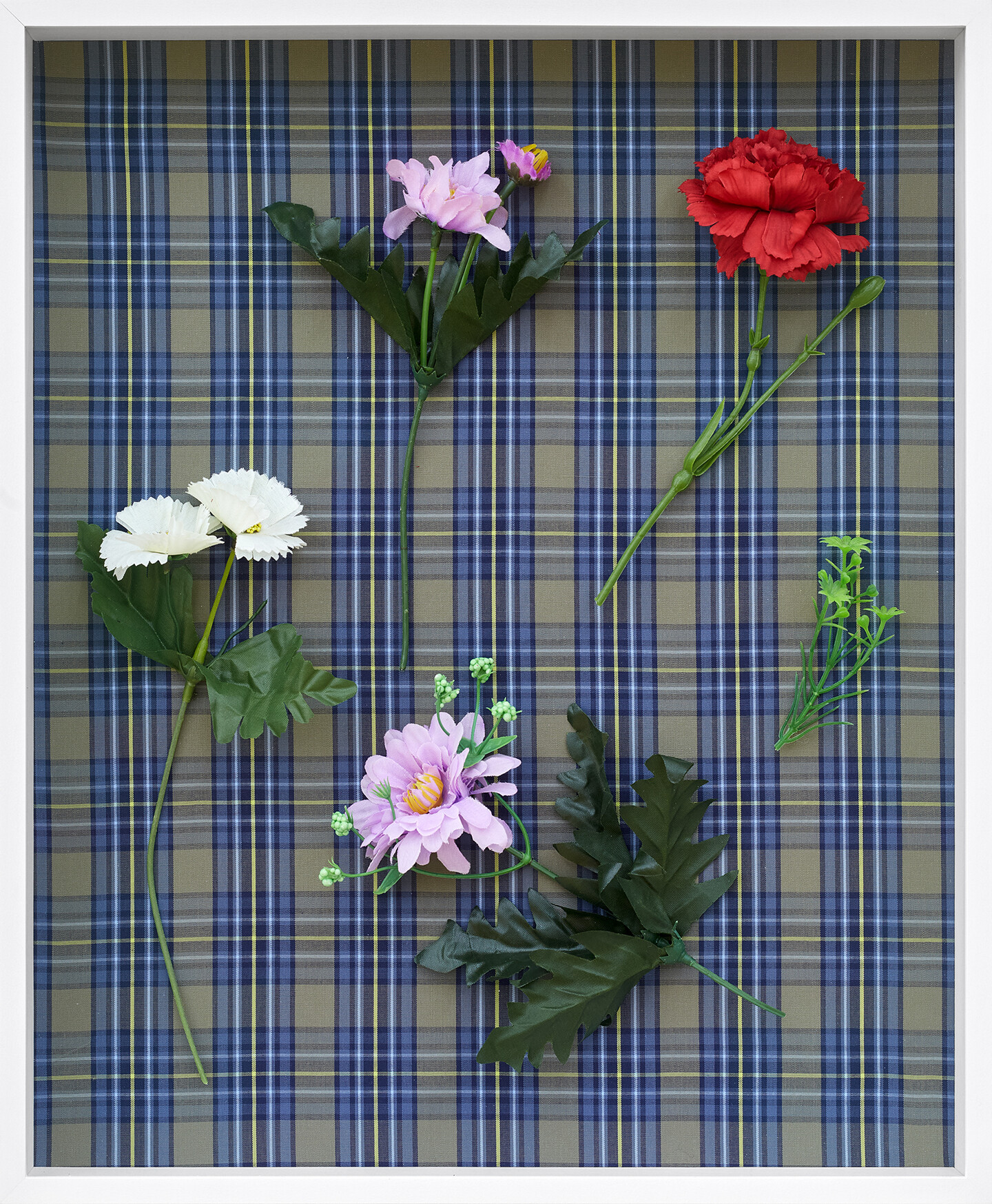Red Carnation &  Purple Dendrobium Nobile, (Imagined), 2024, Fabric, plastic flowers, framed, 40.5 x 33.5 x 5 cm, Courtesy the artist and Sfeir-Semler Gallery