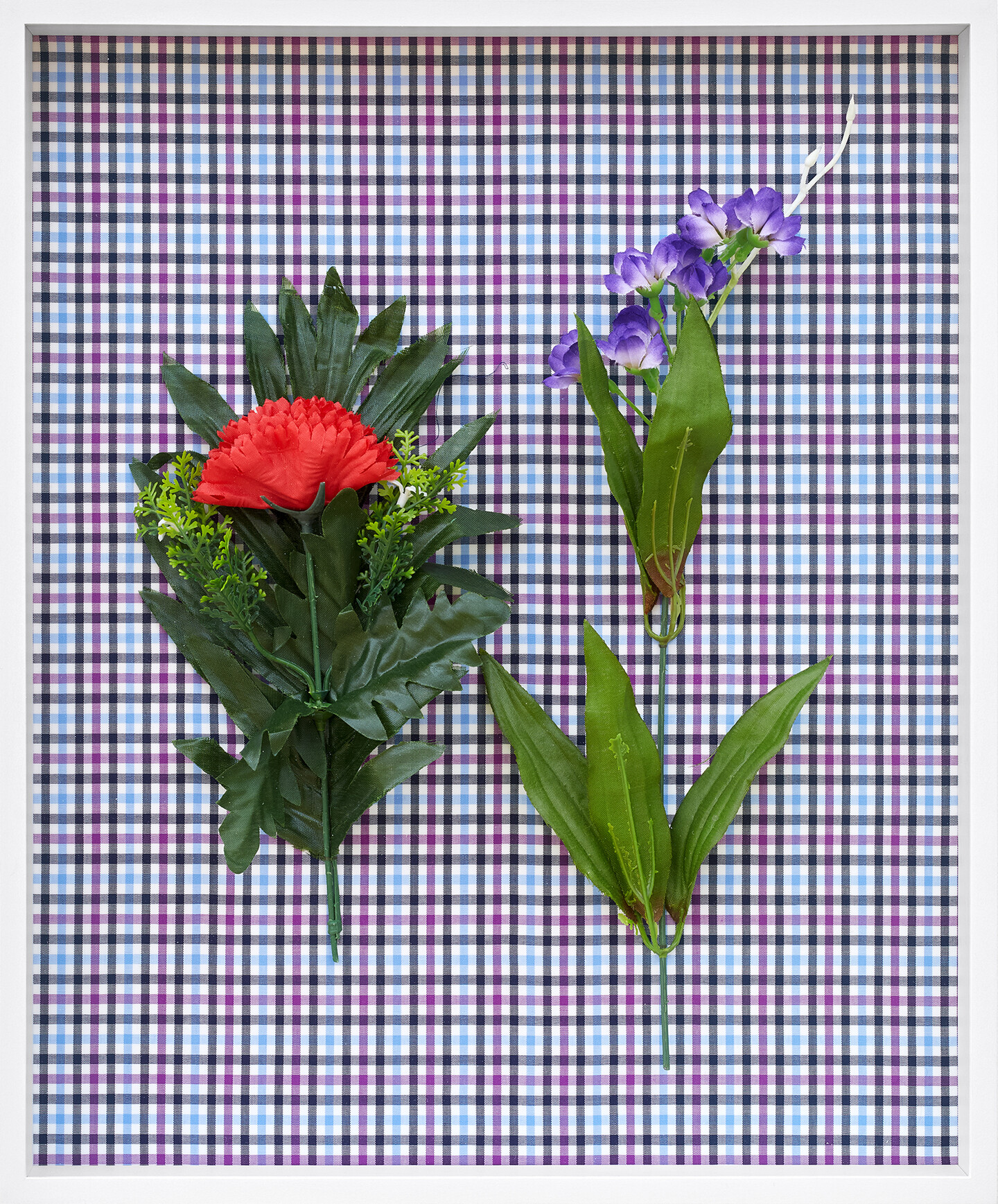 White Poppies, Red Peony & Purple Chrysanthemums, (Imagined), 2024, Fabric, plastic flowers, framed, 40.5 x 33.5 x 5 cm, Courtesy the artist and Sfeir-Semler Gallery