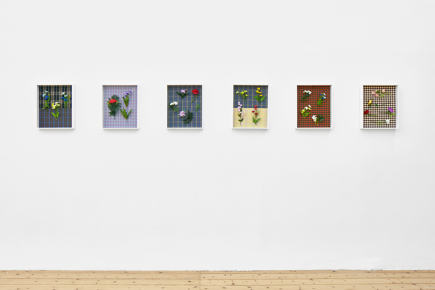 Flower Plaids, 2024, fabric, plastic flowers, framed, 40.5 x 33.5 x 5 cm each, Courtesy the artist and Sfeir-Semler Gallery