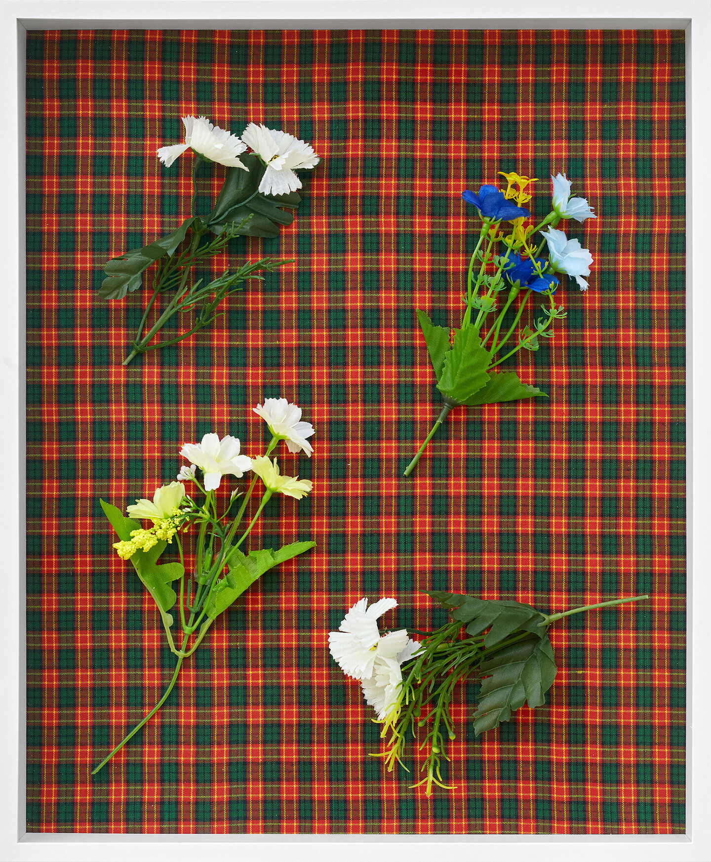White Poppies, Yellow Ranunculus Repens & Blue Cosmos, (Imagined), 2024, Fabric, plastic flowers, framed, 40.5 x 33.5 x 5 cm, Courtesy the artist and Sfeir-Semler Gallery