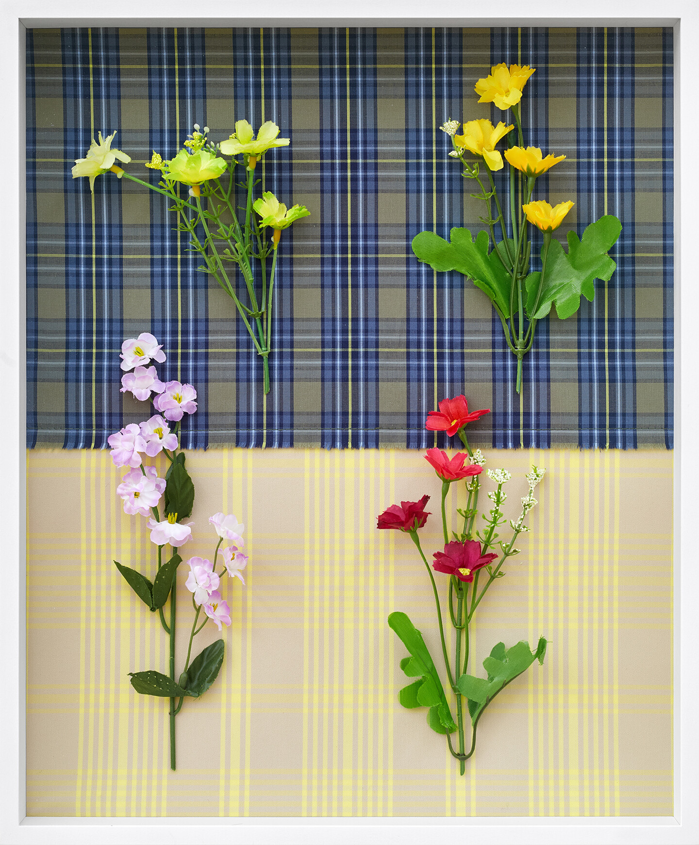 Yellow Buttercups, Cherry Blossoms, Yellow Ranunculus Repens & Red Cosmos, (Imagined), 2024, Fabric, plastic flowers, framed, 40.5 x 33.5 x 5 cm, Courtesy the artist and Sfeir-Semler Gallery