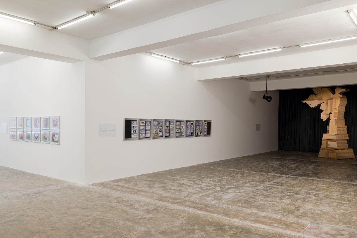 Left: 'Festival of gratitude', 2003/2021. Right: 'I long to meet the masses once again_I', 2019. Center: 'We lived so well together', 1991/2021. Installation view, Walid Raad: 'Another Festival of (In)gratitude', 2024, Sfeir-Semler Karantina, Beirut