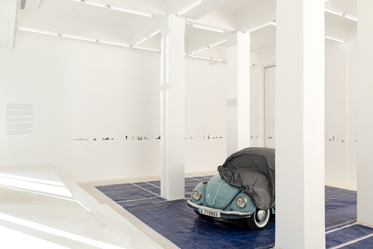 Walid Raad, 'The loudest muttering is over', 2024, VW Beetle, car cover, blue tarps, collage images, various dimensions, unique, installation view, 'Another Festival of (In)gratitude', 2024, Sfeir-Semler Downtown, Beirut