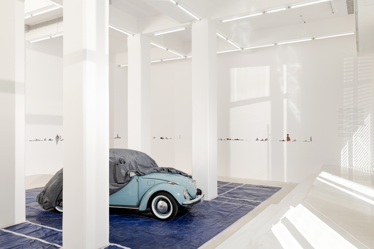 Walid Raad, 'The loudest muttering is over', 2024, VW Beetle, car cover, blue tarps, collage images, various dimensions, unique, installation view, 'Another Festival of (In)gratitude', 2024, Sfeir-Semler Downtown, Beirut