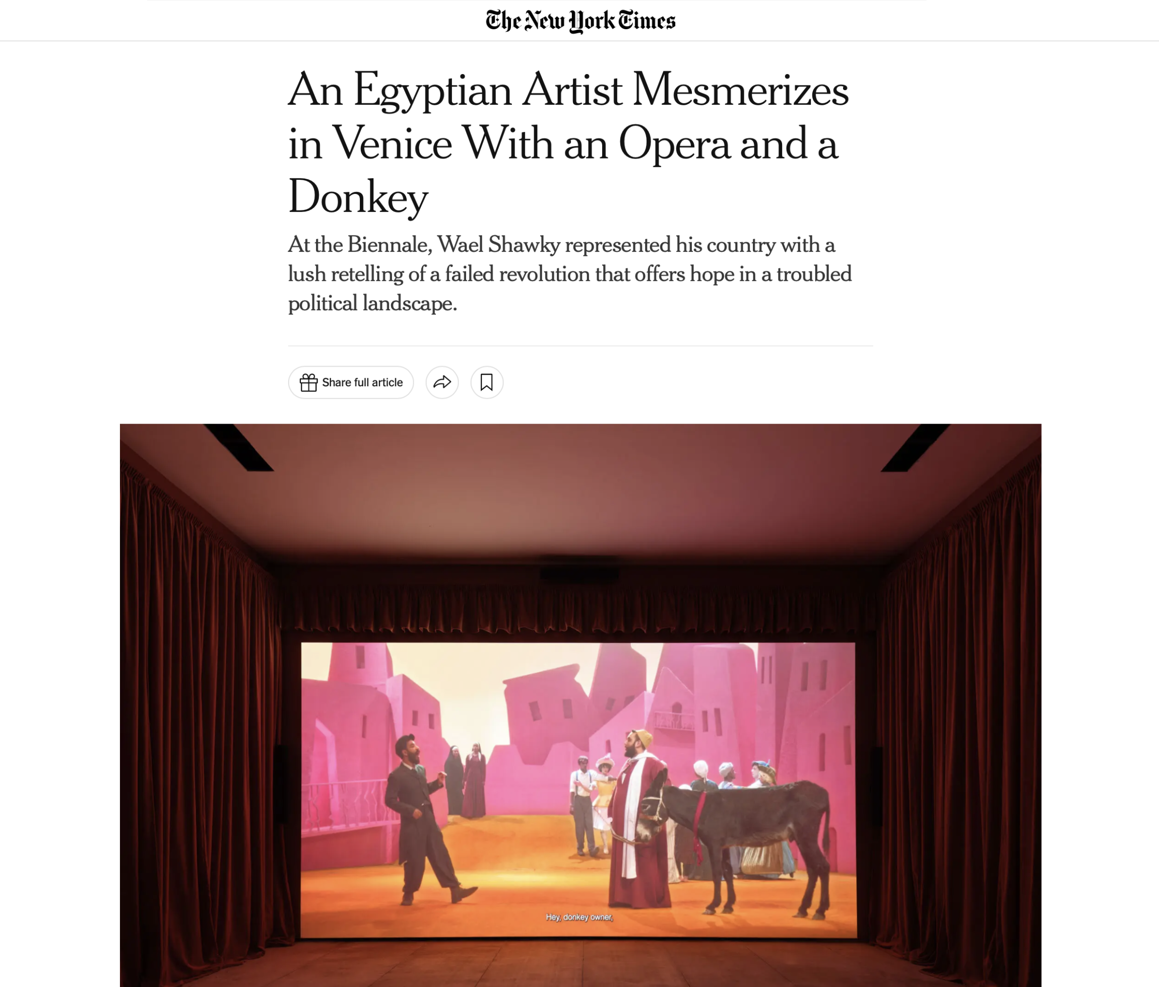 Wael Shawky « An Egyptian Artist Mesmerizes in Venice With an Opera and a Donkey » | via The New York Times, July 20, 2024