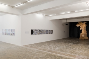 Left: 'Festival of gratitude', 2003/2021. Right: 'I long to meet the masses once again_I', 2019. Center: 'We lived so well together', 1991/2021. Installation view, Walid Raad: 'Another Festival of (In)gratitude', 2024, Sfeir-Semler Karantina, Beirut