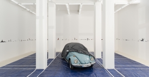 Walid Raad, 'The loudest muttering is over', 2024, VW Beetle, car cover, blue tarps, collage images, various dimensions, unique, installation view, 'Another Festival of (In)gratitude', 2024, Sfeir-Semler Downtown, Beirut